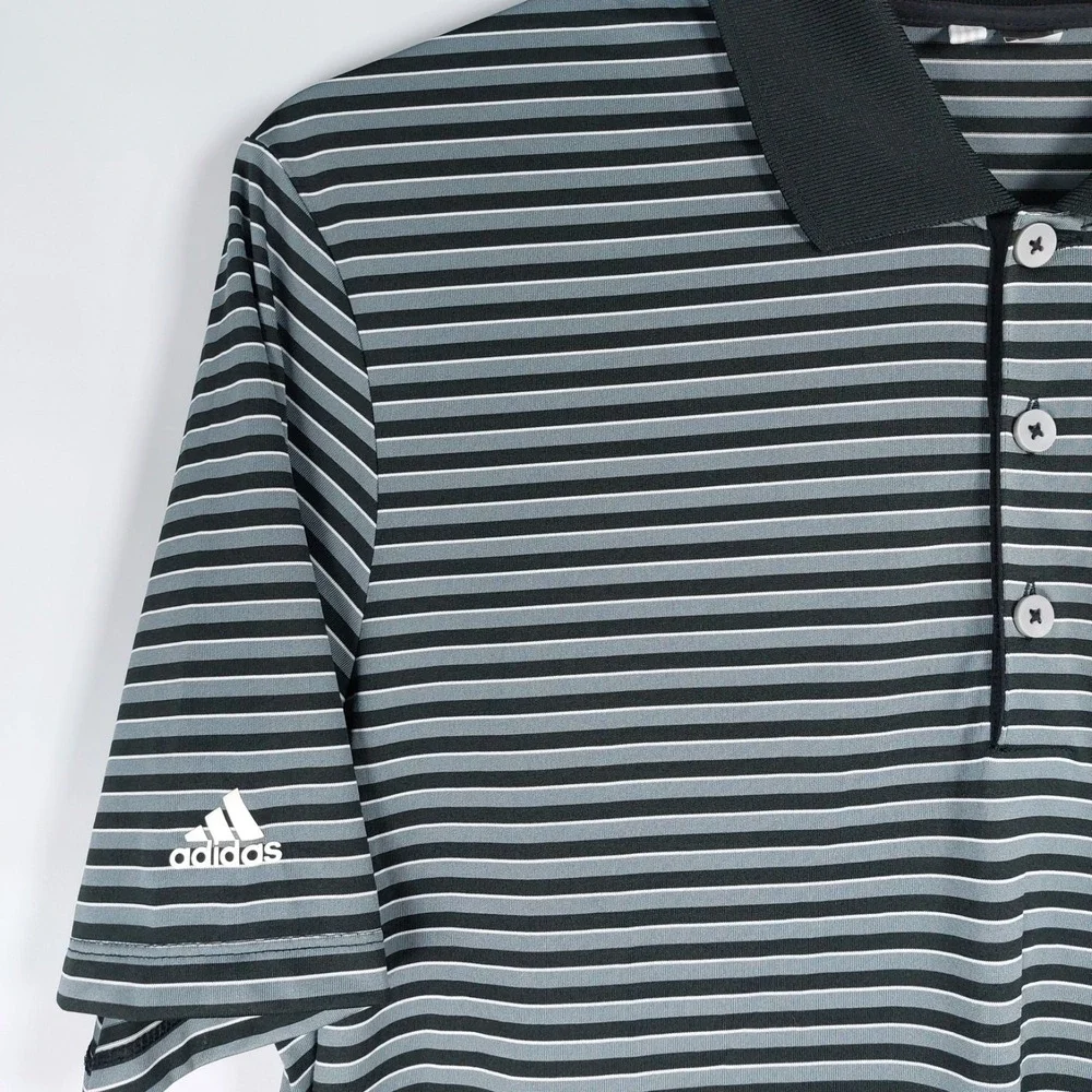 Adidas Polo Shirt Mens‎ Large Gray Black Horizontal Striped Short Sleeve Golf